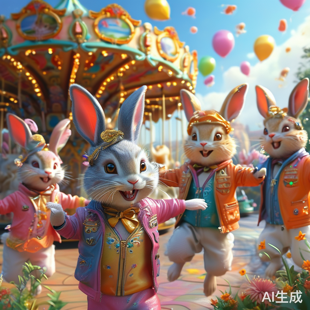 色彩斑斓游乐园中拟人化兔子的快乐时光