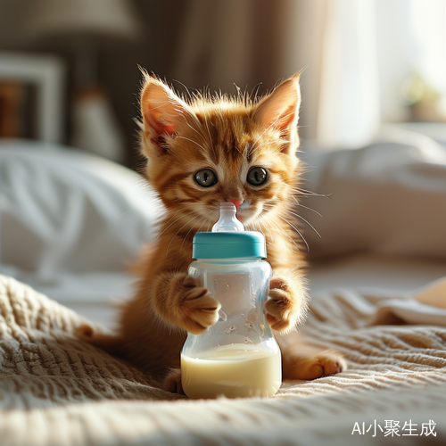 温馨卧室中的小橘猫抱奶瓶喝奶的真实照片