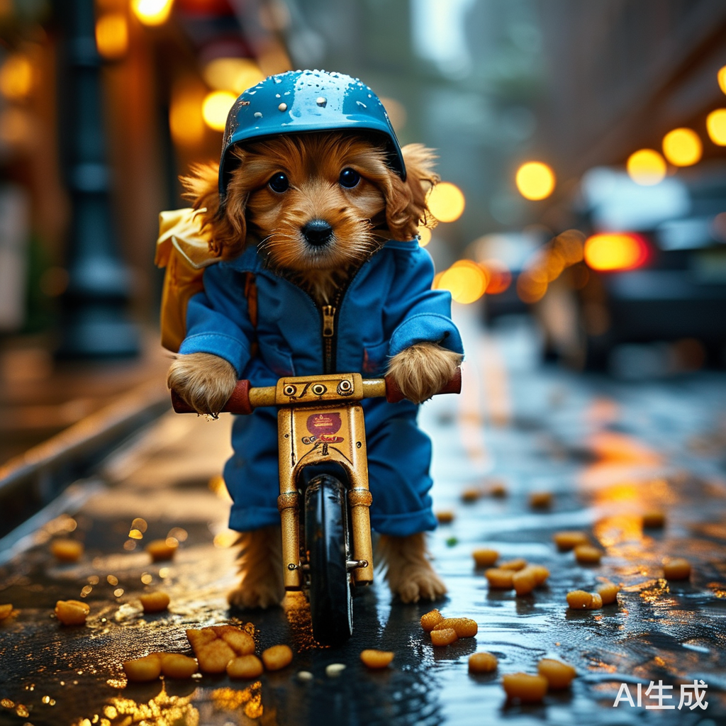 小狗外卖员在城市遇险后重拾食物的温馨故事