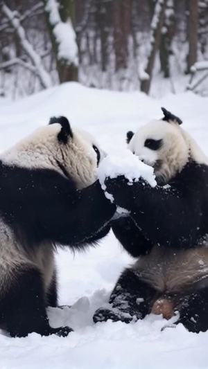 雪地里打雪仗的两只大熊猫，一个比一个厉害