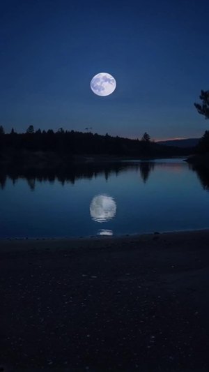 一望无际的湖面，湖水清澈，湖水拍打沙滩，一轮大大的圆月露出半边，几只孤雁飞翔，