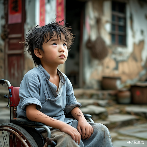 轮椅上的小男孩在老房子前的绝望目光