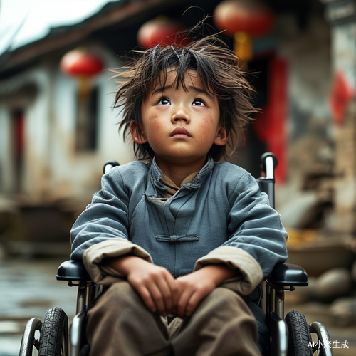 轮椅上的小男孩在老房子前的绝望目光