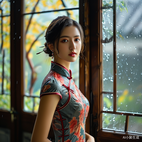初秋细雨中静立窗前的旗袍美女