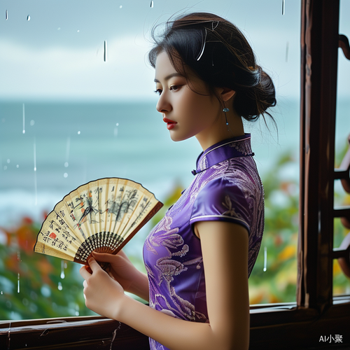 初秋细雨中静立窗前的紫白色旗袍美女