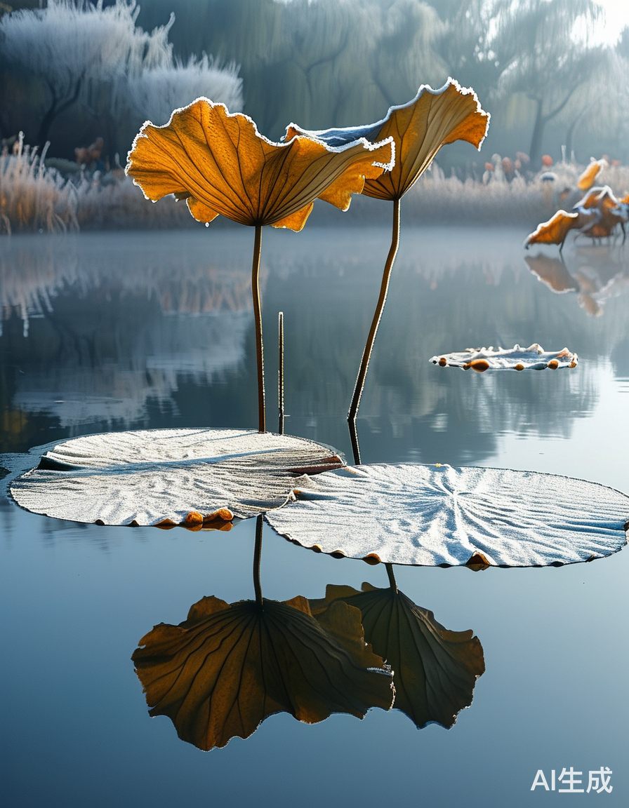 霜降时节池塘静谧水面薄冰荷叶银边