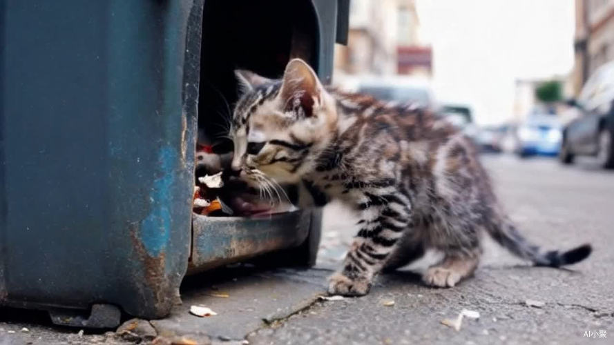 肮脏小猫在城市角落寻找食物