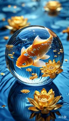 Mystical Koi Fish in Crystal Ball Among Golden Lotus and Clouds