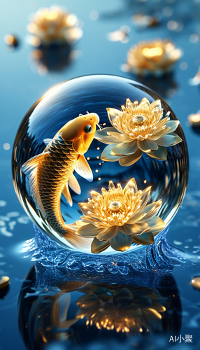 Mystical Koi Fish in Crystal Ball Among Golden Lotus and Clouds