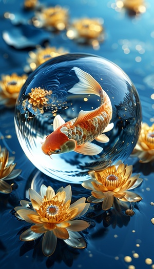 Koi fish in a crystal ball, the crystal ball floats in the sky, golden lotus in water,golden auspicious clouds, wide-angle lens, blue background, gold and blue, telephoto lens, mystery. -version 6.1aspect 9:16 -relax