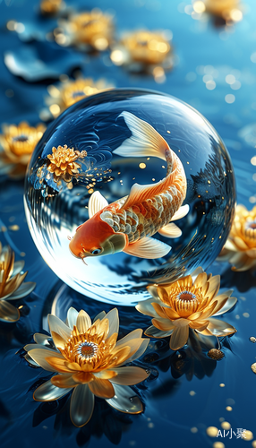 Mystical Koi Fish in Crystal Ball Among Golden Lotus and Clouds