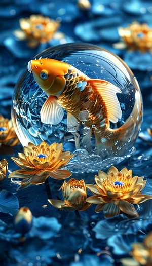 Koi fish in a crystal ball, the crystal ball floats in the sky, golden lotus in water,golden auspicious clouds, wide-angle lens, blue background, gold and blue, telephoto lens, mystery. -version 6.1aspect 9:16 -relax