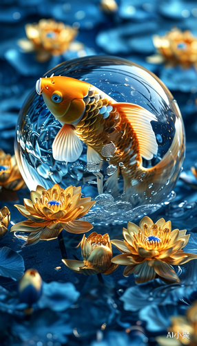 Mystical Koi Fish in Crystal Ball Among Golden Lotus and Clouds