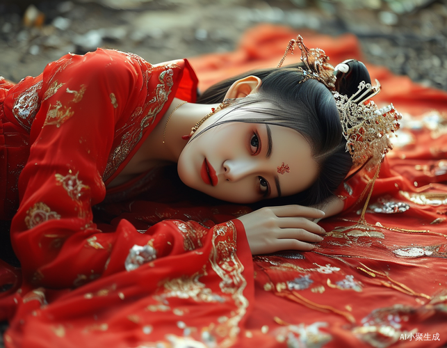 古代皇后红衣躺地憔悴的惆怅
