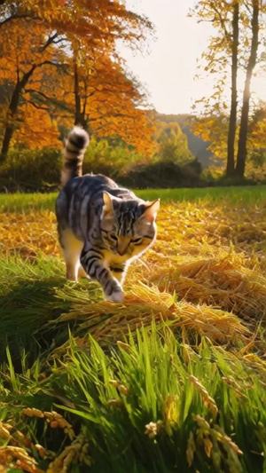 秋日的下午，三花长毛猫在条里割稻谷