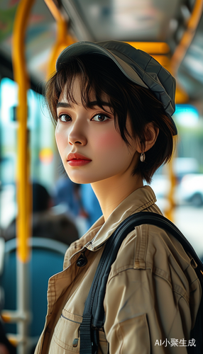 短发美女穿工作服等公交车