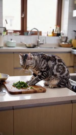 一只猫咪在明亮的厨房里切菜做饭