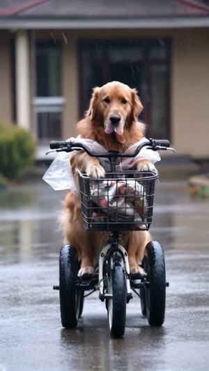 金毛犬狗狗，冒着大雨，脚蹋三轮在外给主人送外卖