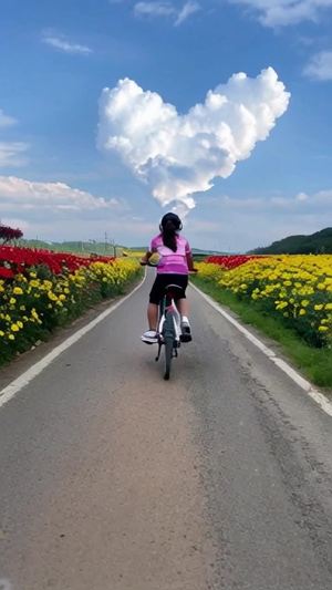 骑自行车的女生在花海路边带着耳机抬头就能看到天空上爱心白云