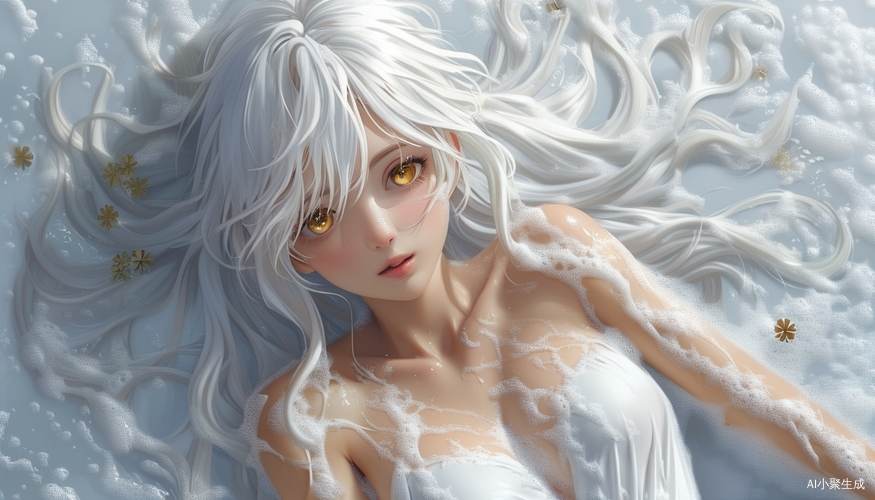 雪白长发少女在泡沫中散发的纯净美丽