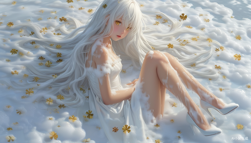 雪白长发少女在泡沫中散发的纯净美丽