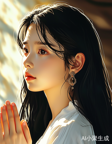 美丽年轻韩国女性祈祷的温暖瞬间