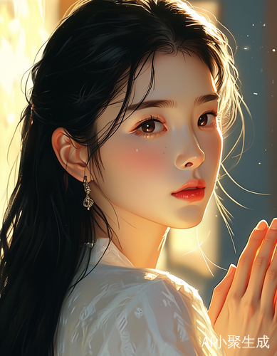 美丽年轻韩国女性祈祷展现温暖干净的气氛