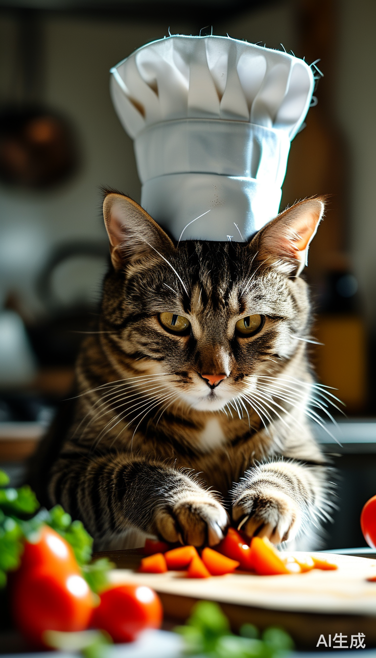 带厨师帽的猫在明亮房间里切菜