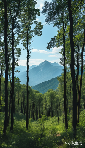 树林与远山交错的真实摄影远景视图