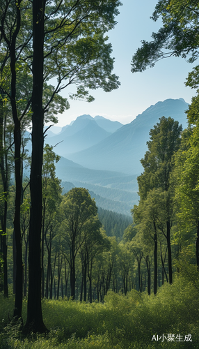 树林与远山交错的真实摄影远景视图