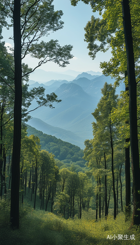 树林与远山交错的真实摄影远景视图