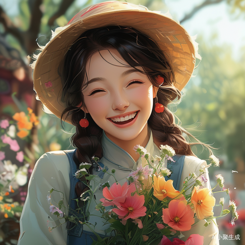 中国女孩抱花大笑散发治愈力