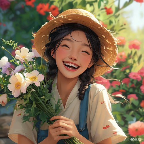 中国女孩抱花大笑散发治愈力