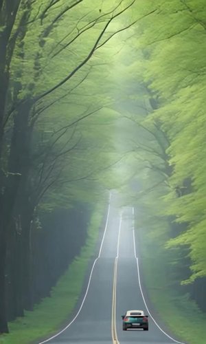 白色的小汽车  天空偶尔飘下几片落叶  下着蒙蒙细雨