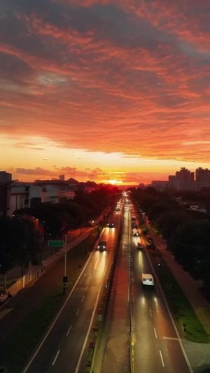 一条公路车辆行驶，天空一片菊红色的晚霞