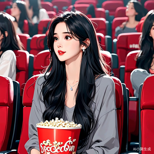 愉快的长发女性在红色电影院享受动画电影