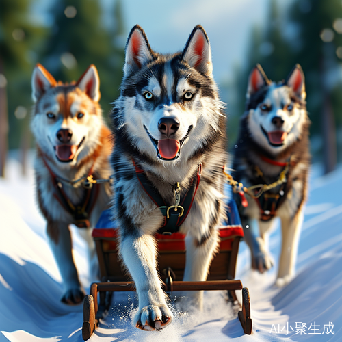 三只哈士奇狗拉雪橇的冬日乐趣