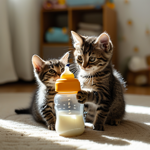 猫咪在明亮房间为宝宝喂奶