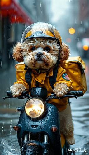 勇敢比熊雨中外卖使命的坚定身影