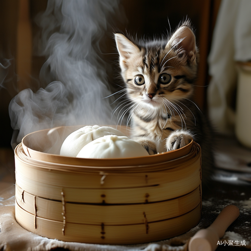 小猫在厨房的蒸馒头时光