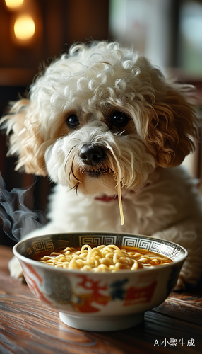 胖胖比熊犬泡面时刻的可爱瞬间