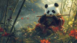 华丽大熊猫在竹林中优雅吹笛的梦幻场景