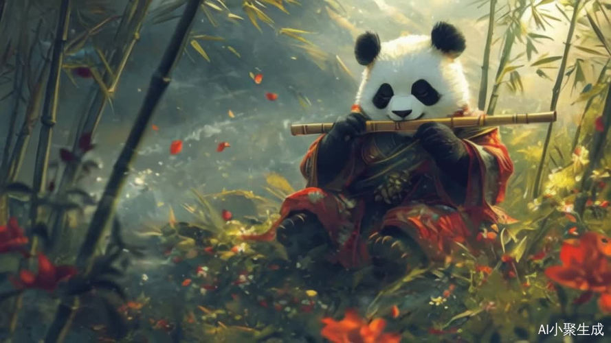 华丽大熊猫在竹林中优雅吹笛的梦幻场景