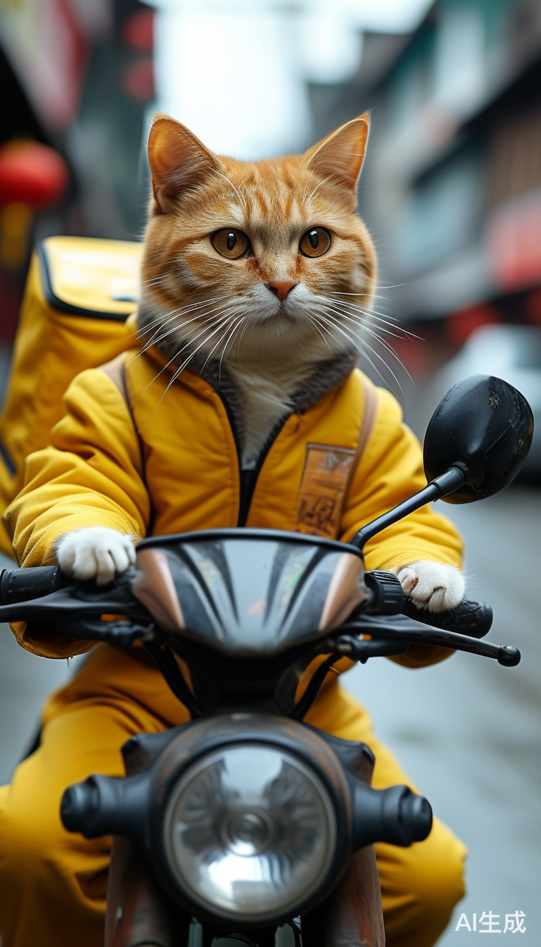街头猫咪穿黄衣骑电驴送外卖