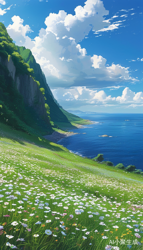 花海与高山大海交织的新海诚风格画面