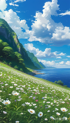 花海与高山大海交织的新海诚风格画面