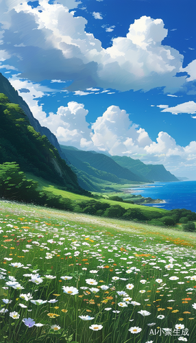 花海与高山大海交织的新海诚风格画面
