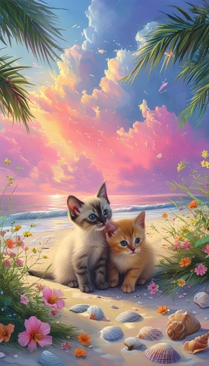 彩云下的粉色海滩与嬉戏的小猫