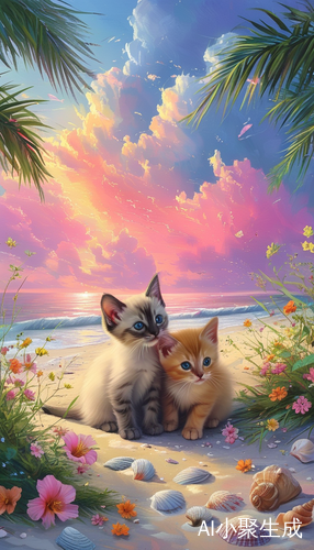 彩云下的粉色海滩与嬉戏的小猫