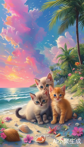 彩云下的粉色海滩与嬉戏的小猫